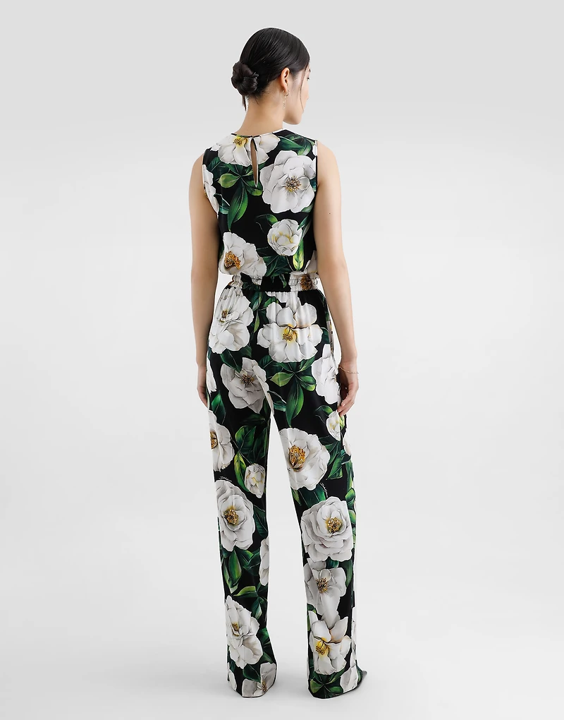 Sleeveless charmeuse top with gardenia print