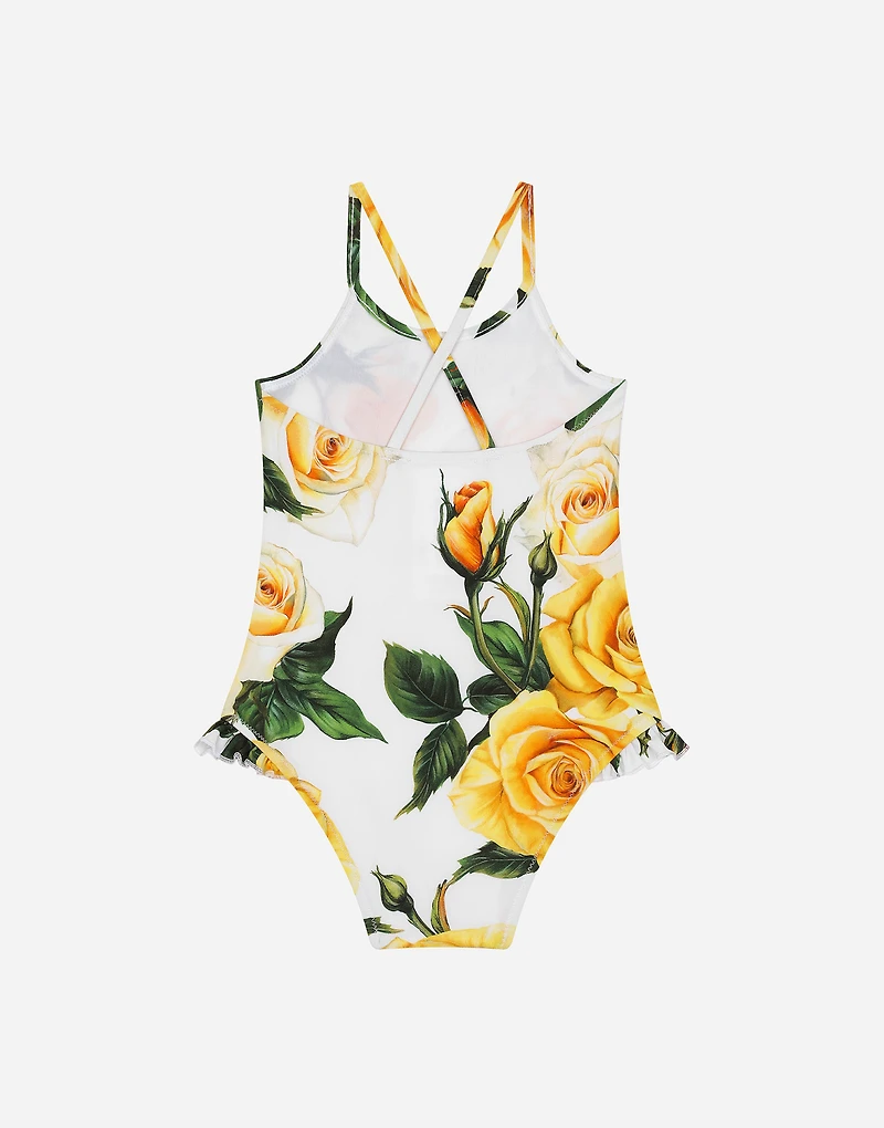 Spandex one-piece swimsuit with yellow rose print