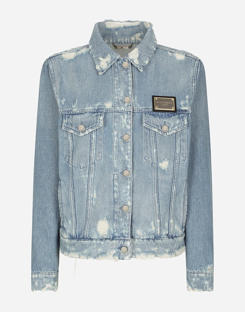 Denim jacket with branded plate