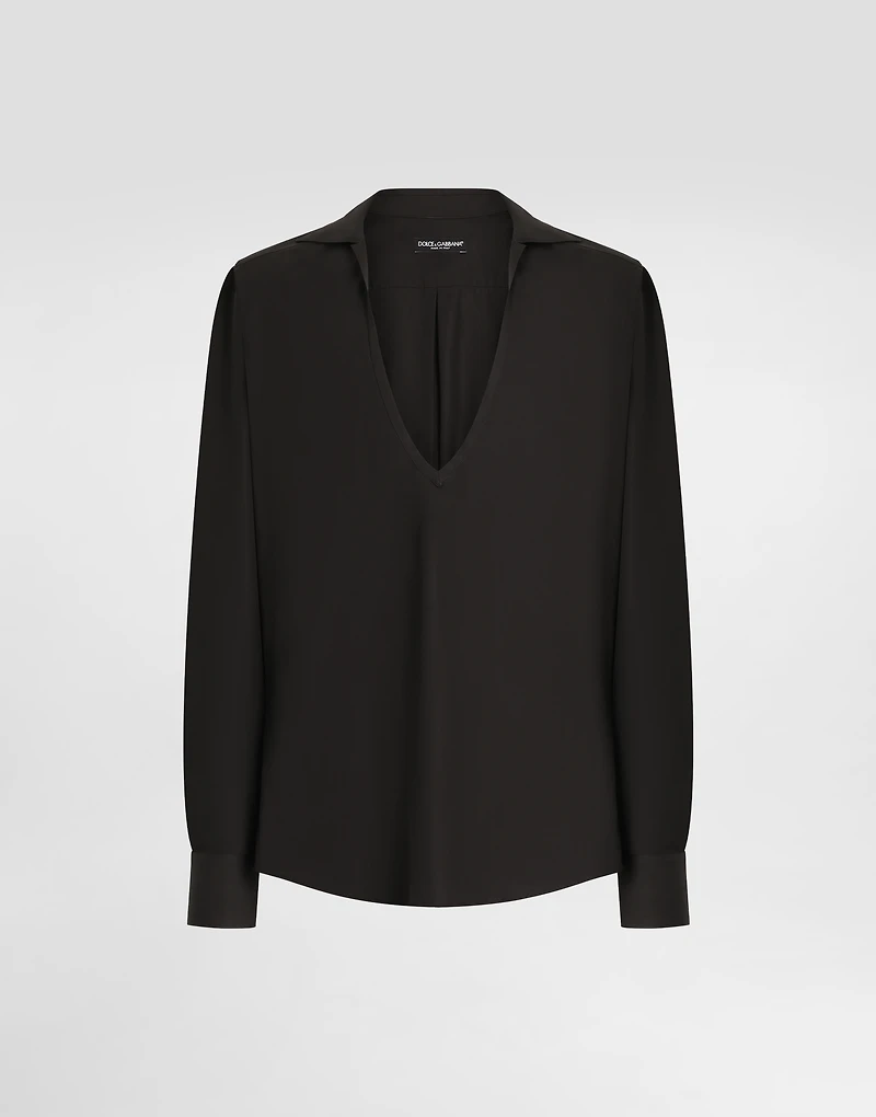 Long-sleeved V-neck shirt cotton poplin
