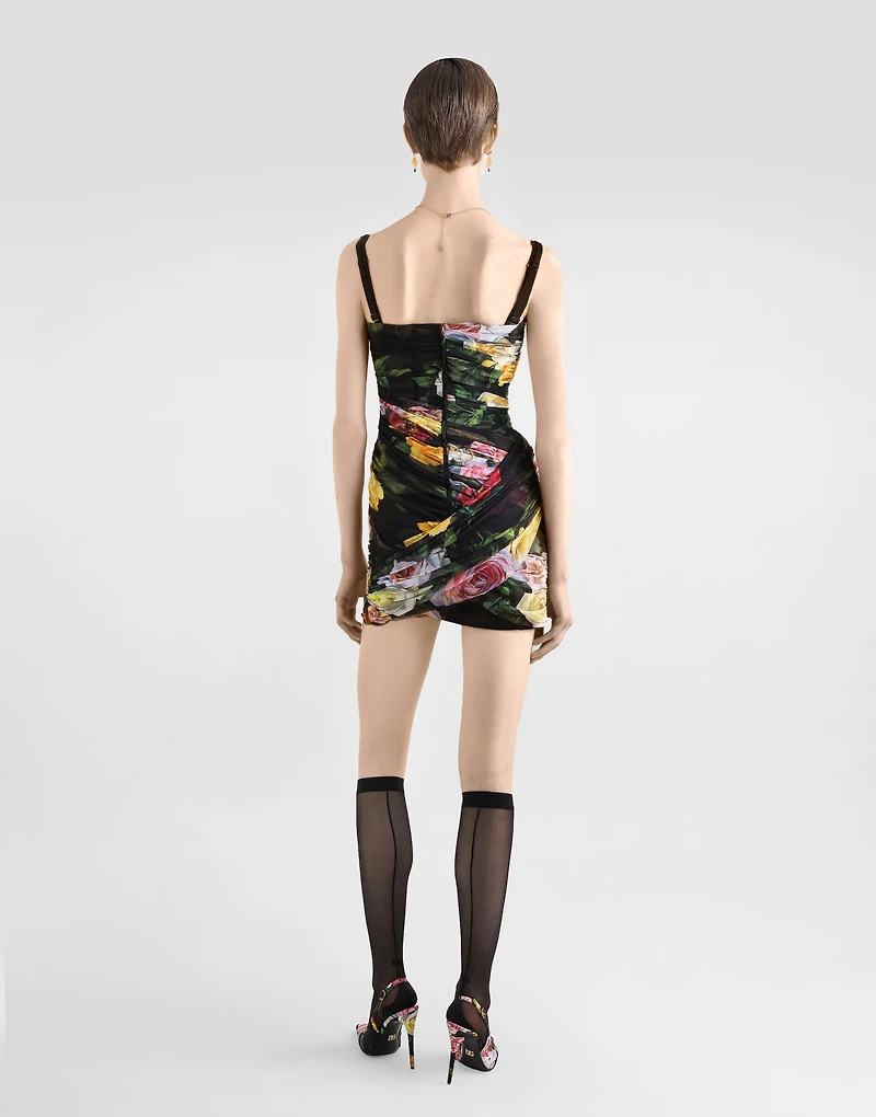 Short tulle dress with draping and peony rose print