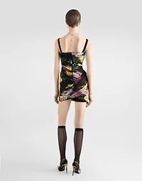Short tulle dress with draping and peony rose print
