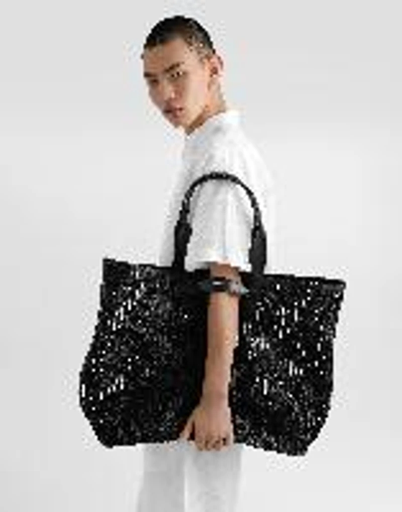 Woven mesh and calfskin shopper