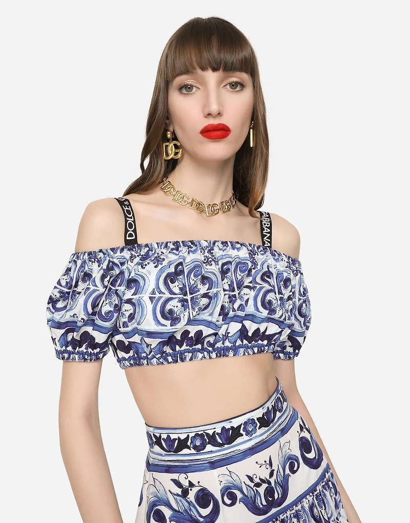 Majolica-print poplin crop top