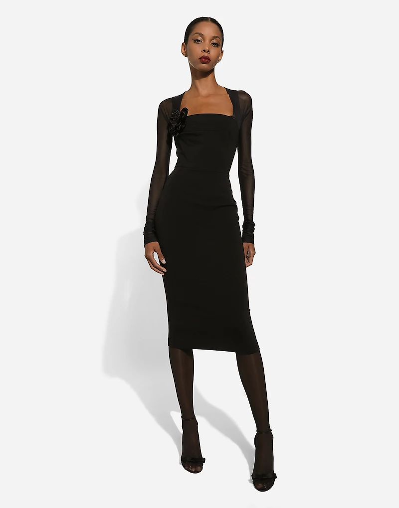 Jersey calf-length dress with tulle sleeves