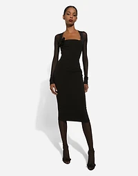 Jersey calf-length dress with tulle sleeves