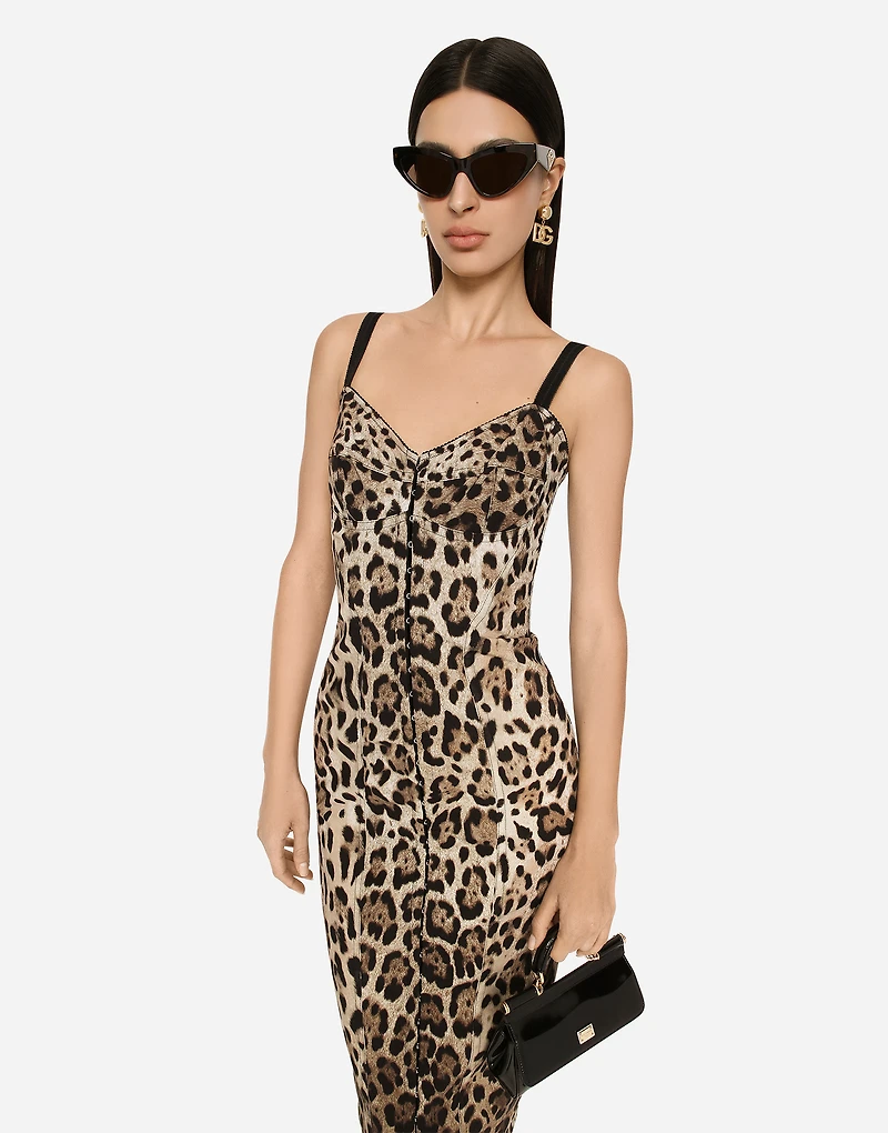 Marquisette calf-length dress with leopard print