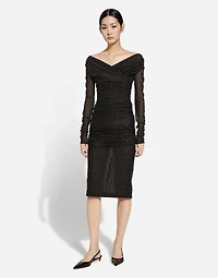 Tulle calf-length dress with draping and polka-dot print