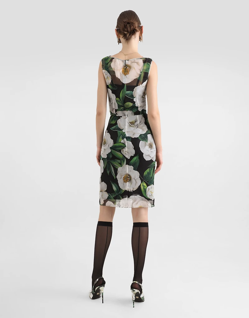Gardenia-print chiffon midi dress