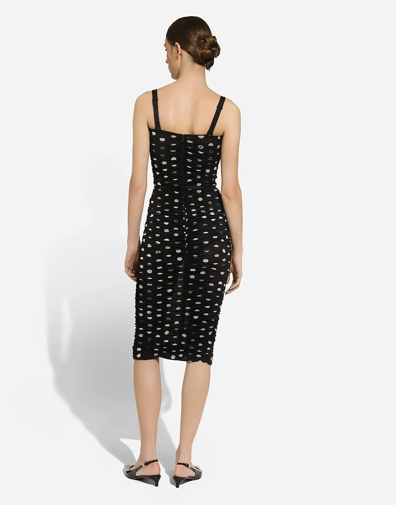 Tulle calf-length sheath dress with draping and polka-dot print