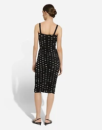 Tulle calf-length sheath dress with draping and polka-dot print