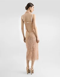 Calf-length dress with sequined fringe embellishment
