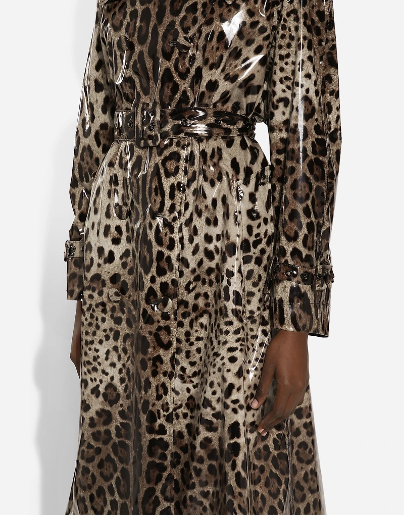 Leopard-print coated satin trench coat