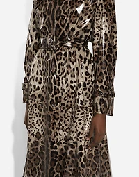 Leopard-print coated satin trench coat