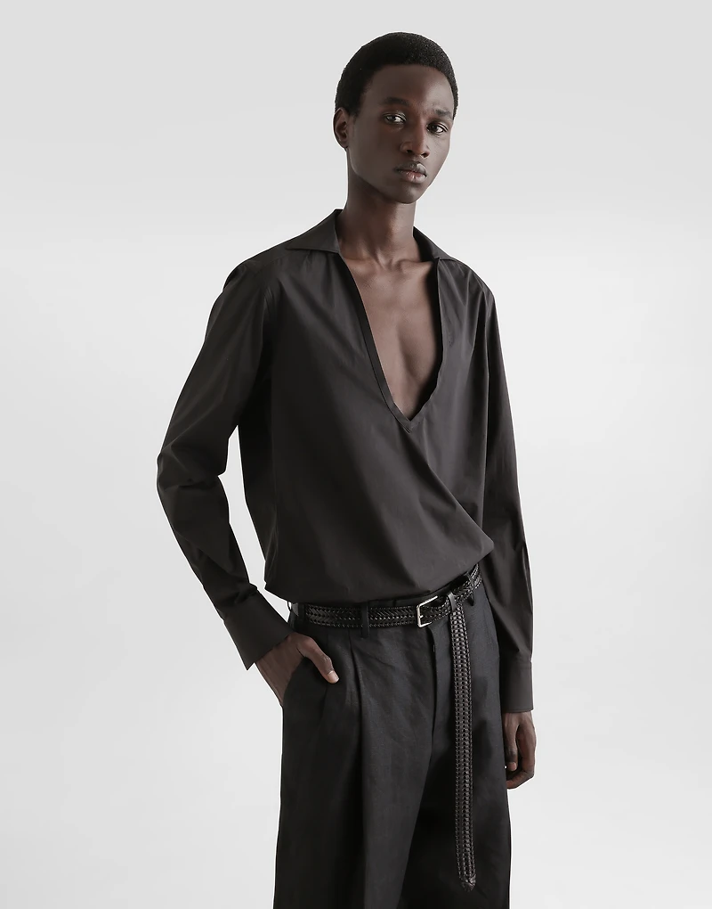 Long-sleeved V-neck shirt cotton poplin