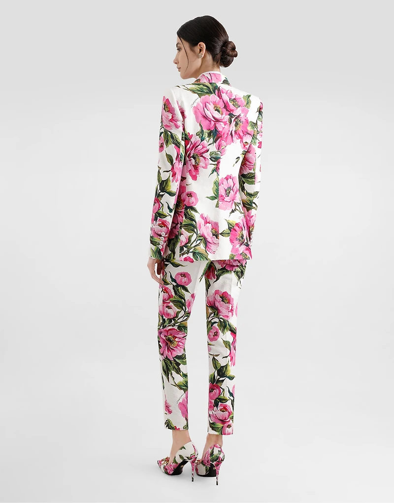 Peony-print cotton jacquard pants