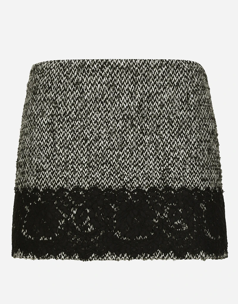 Short micro-tweed skirt with lace insert