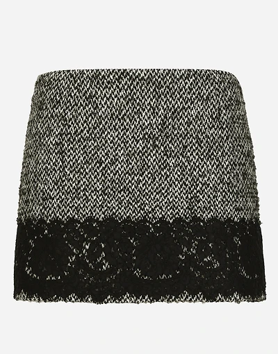 Short micro-tweed skirt with lace insert