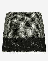 Short micro-tweed skirt with lace insert