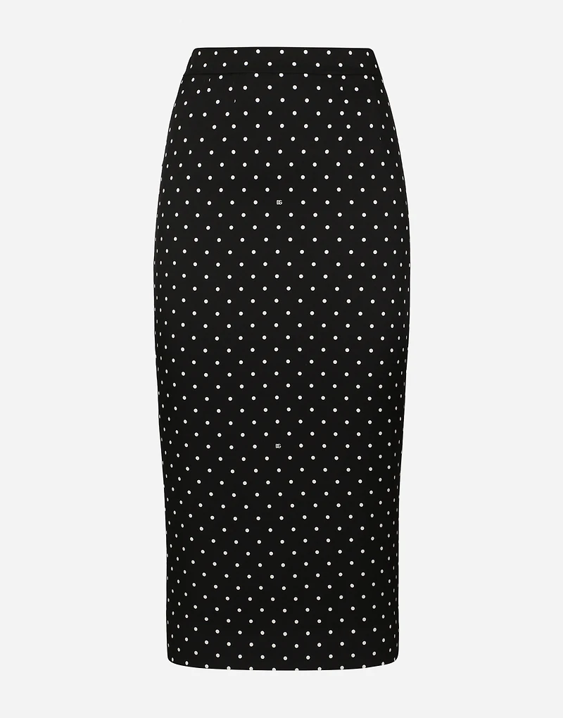 Charmeuse calf-length pencil skirt with polka-dot print