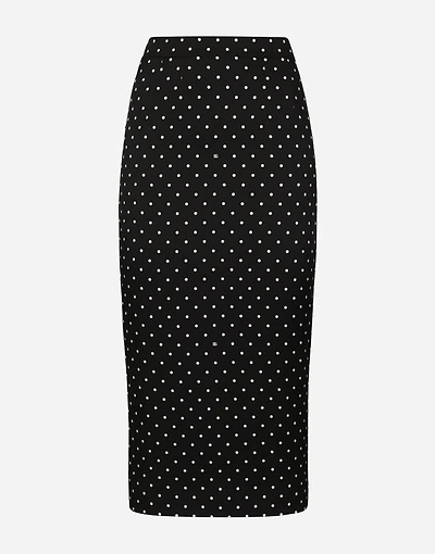 Charmeuse calf-length pencil skirt with polka-dot print
