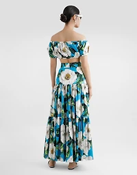 Long ruffled skirt gardenia-print cotton