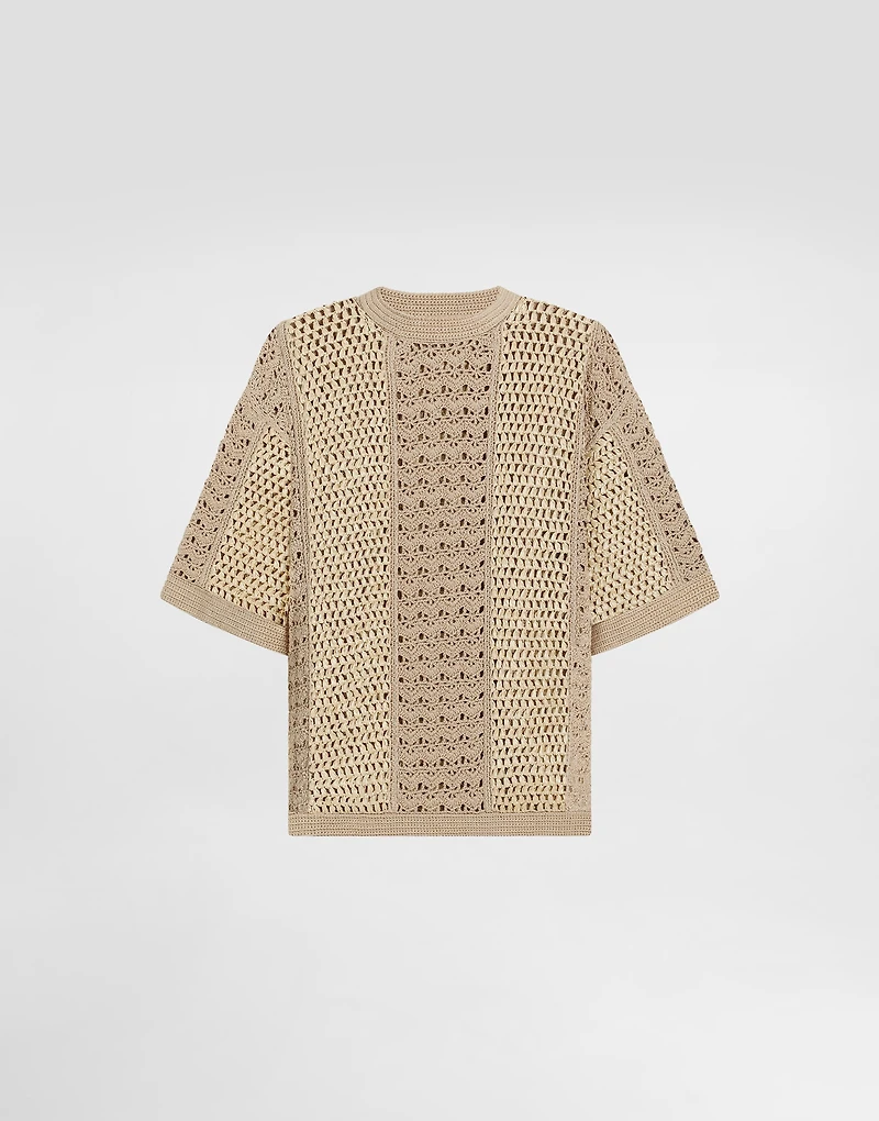 Round-neck cotton and viscose crochet top