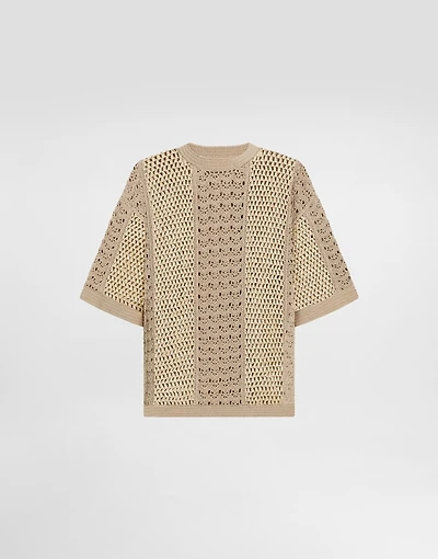 Round-neck cotton and viscose crochet top