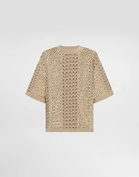 Round-neck cotton and viscose crochet top