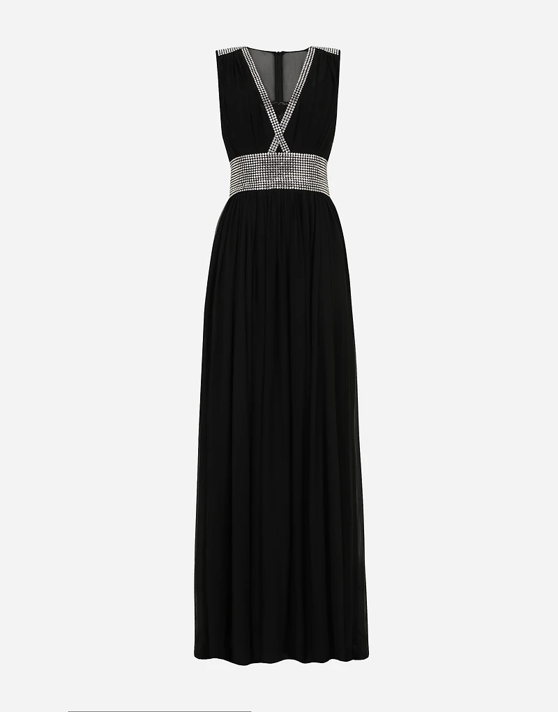 Long chiffon dress with fusible rhinestone detailing