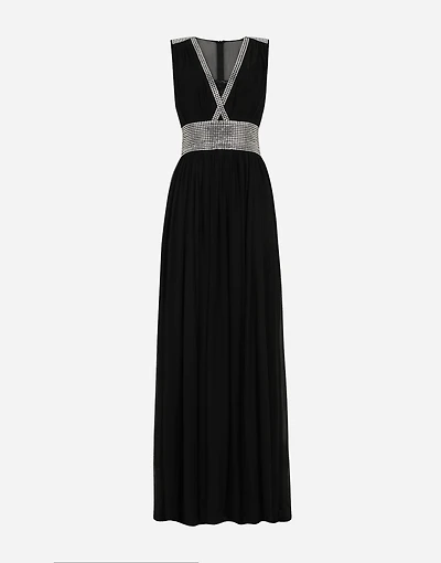 Long chiffon dress with fusible rhinestone detailing