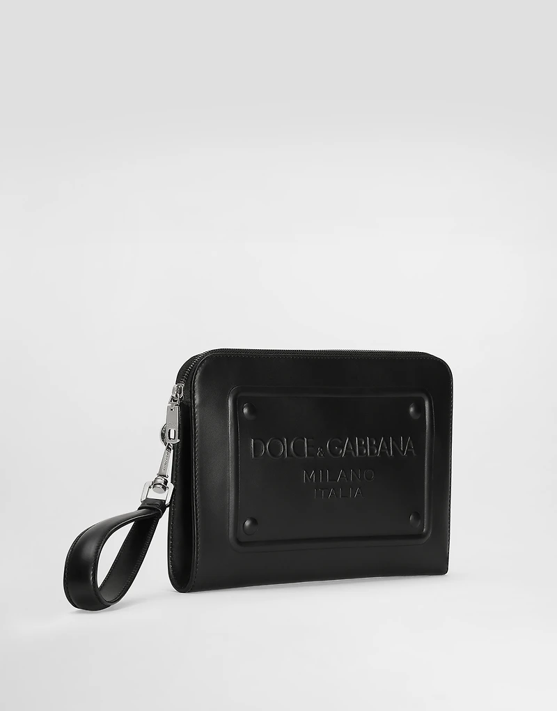 Small calfskin pouch with raised logo