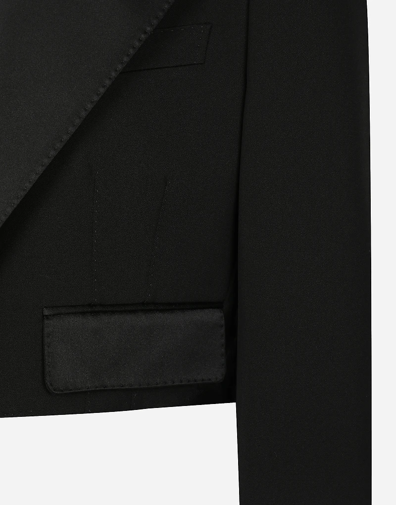 Short wool gabardine tuxedo jacket