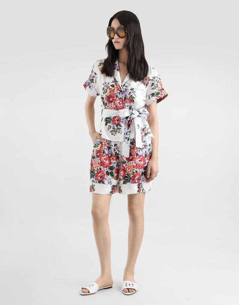 Flower bouquet-print twill vanity bermuda shorts