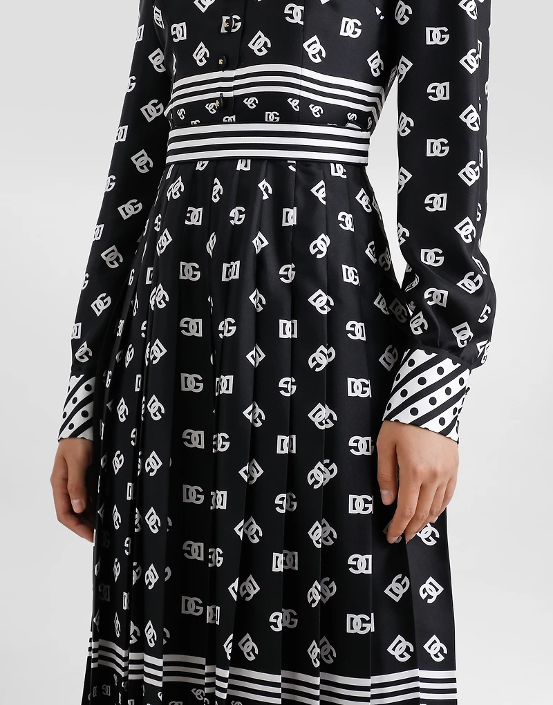 Twill calf-length shirt dress with all-over DG logo scarf print