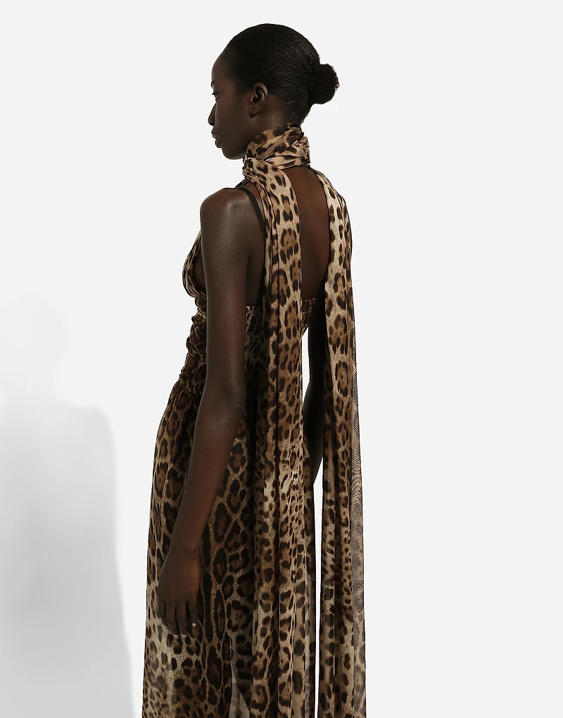 Long leopard-print chiffon dress