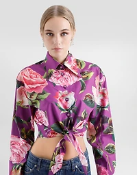 Cotton pussy-bow shirt with rose print