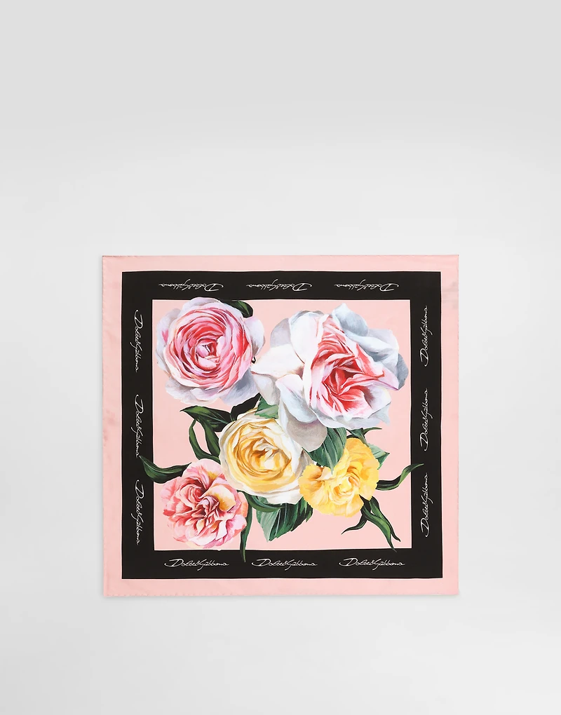 Rose and peony-print silk twill foulard (50x50)