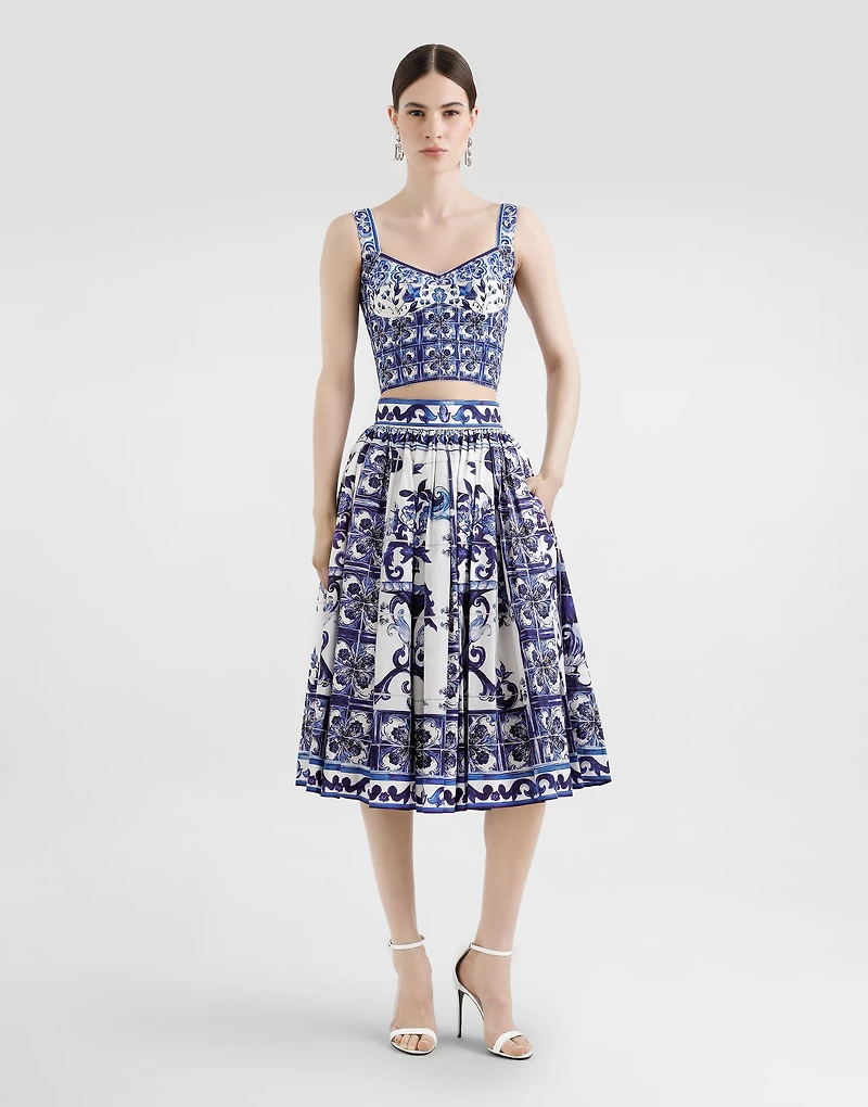 Poplin midi skirt with majolica print
