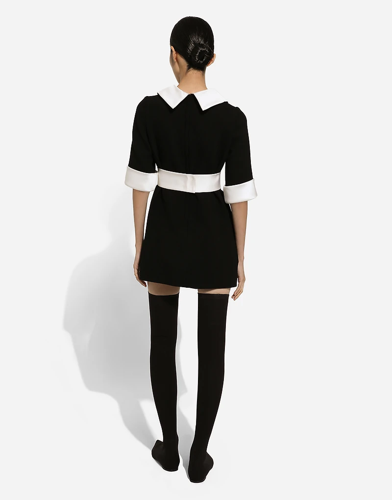 Short wool crepe dress with satin details