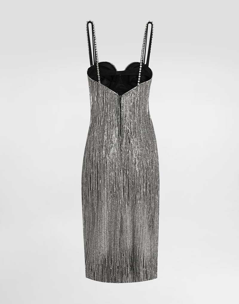 Marquisette calf-length dress with sequined fringing