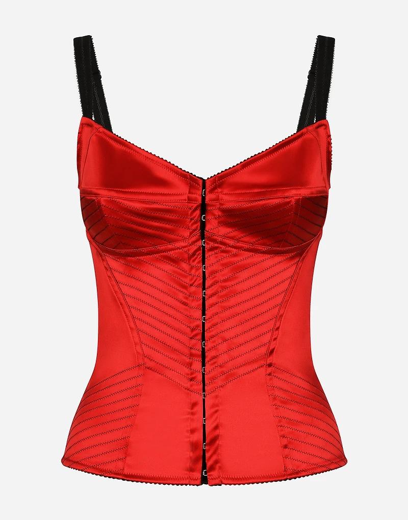 Satin corset with top-stitching and hook-and-eye fastenings