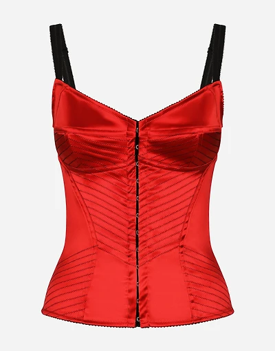 Satin corset with top-stitching and hook-and-eye fastenings