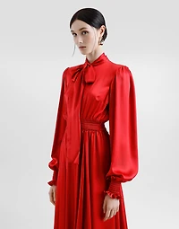 Silk satin shirt dress with pussy-bow