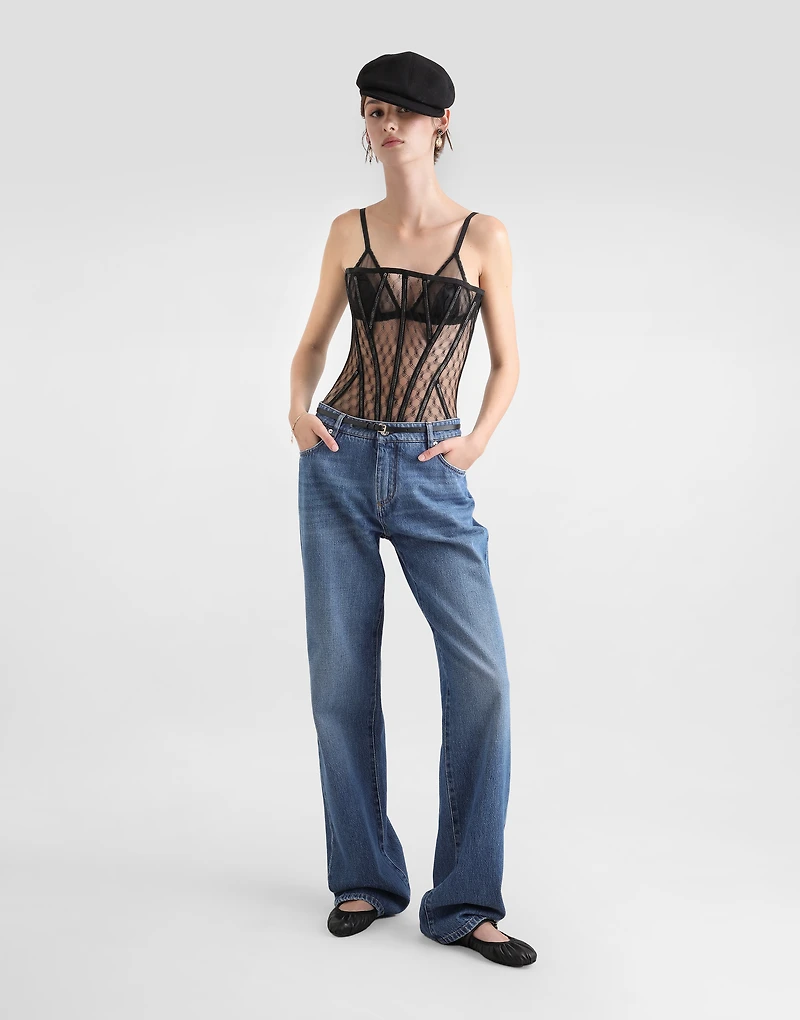 Loose denim jeans with pressed pleat