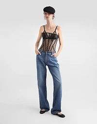 Loose denim jeans with pressed pleat