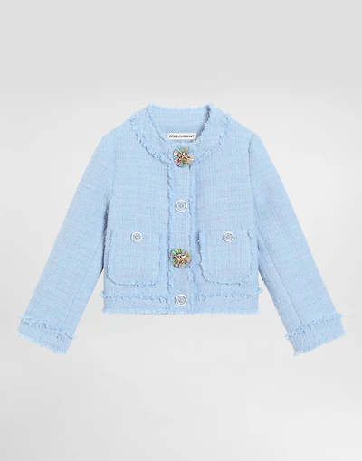 Single-breasted raschel tweed jacket with bejeweled buttons