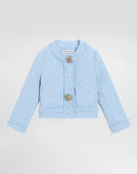 Single-breasted raschel tweed jacket with bejeweled buttons
