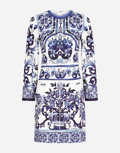 Short majolica-print organzine dress