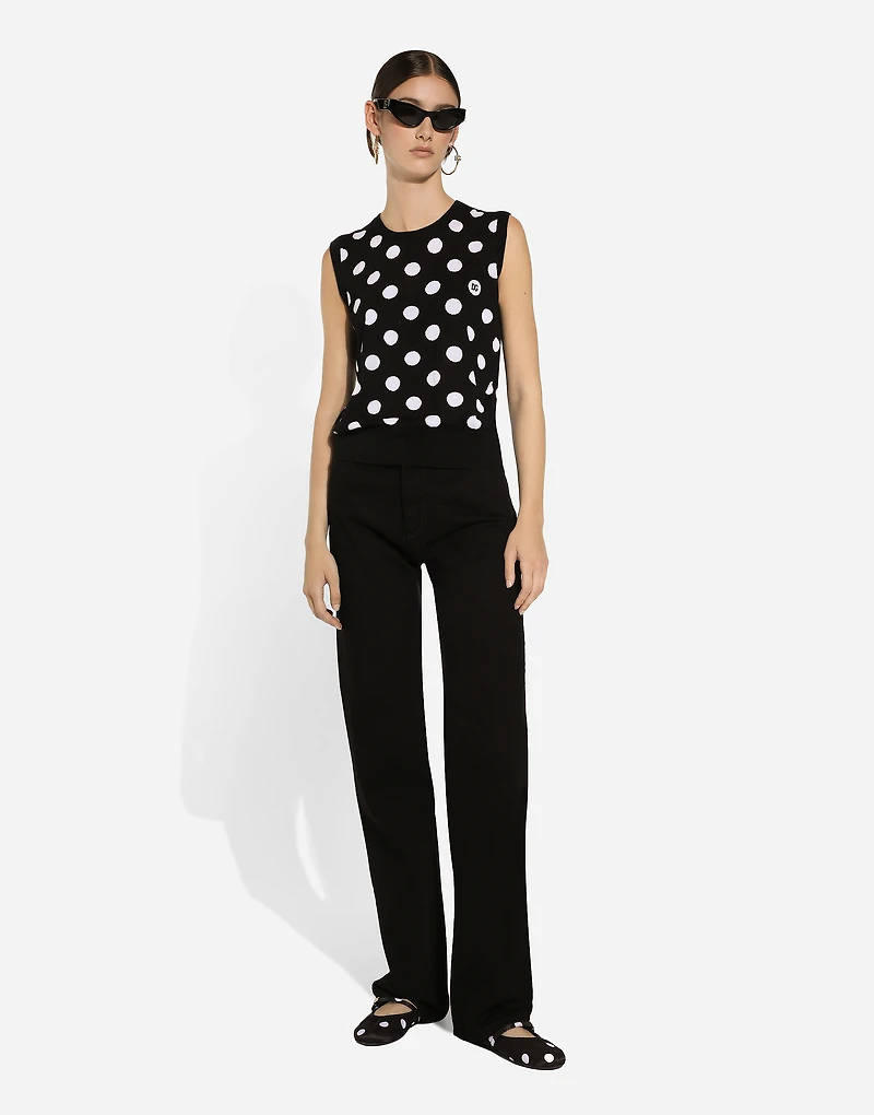 Silk and wool tank top with polka-dot inlay